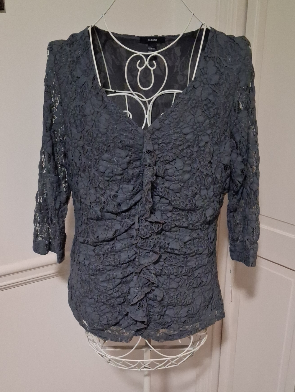 Alfani Slate Gray Lace Ruched Front Blouse